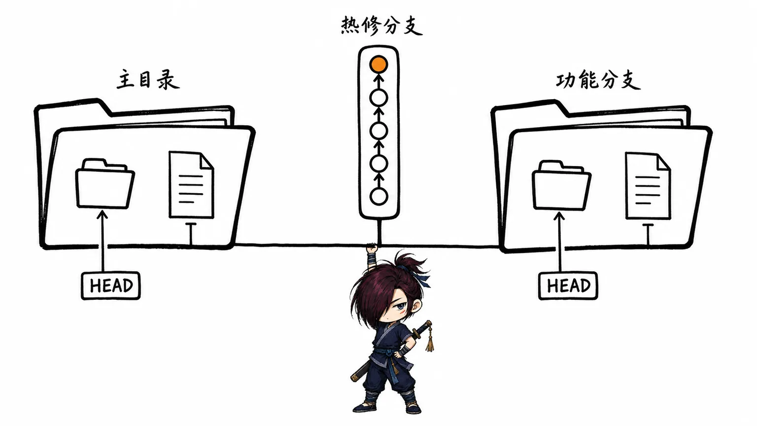 主目录与附加 worktree 共享提交历史,但各自保留独立的 HEAD 和工作区