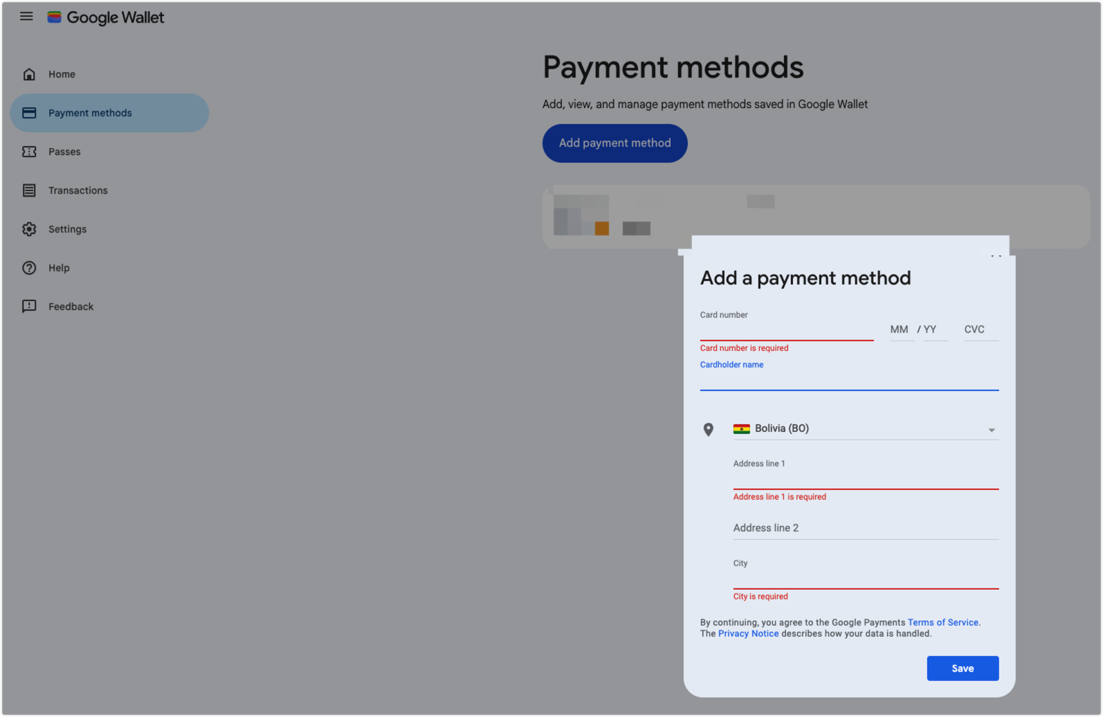 在 Google Wallet 中添加玻利维亚付款方式